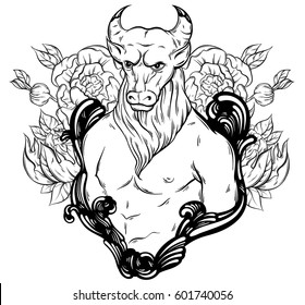 Vector hand drawn  illustration of minotaur. Hand sketched artwork. Tattoo art. Template for card, poster, banner, print for t-shirt, coloring books.