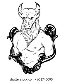 Vector hand drawn  illustration of minotaur. Hand sketched artwork. Tattoo art. Template for card, poster, banner, print for t-shirt, coloring books.