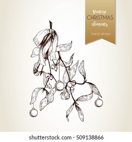 Vector hand drawn illustration of mistletoe branches bounded with bow. Christmas engraved decoration. Vintage hand drawn art. Use for seasonal greeting, party decor, holiday advertisement.