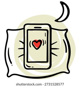 Vector hand drawn illustration of a mobile phone lying on a pillow at night. A red heart vibrates on the screen under a crescent moon. Concept for night conversations, sweet dreams, missing someone, or romantic late-night texting. Isolated on white.