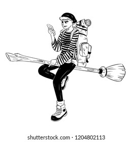 Vector hand drawn illustration of a modern flying backpacker witch