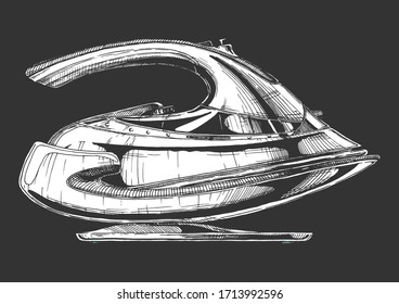 Vector hand drawn illustration of modern wireless iron in vintage engraved style. Isolated on black background. Side view.