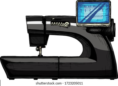 Vector hand drawn illustration of the modern computerized sewing machine. isolated on white background. Side view.