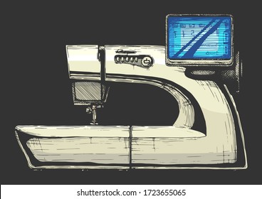 Vector hand drawn illustration of the modern computerized sewing machine. isolated on black background. Side view.