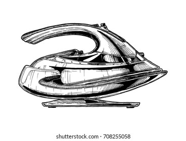 Vector hand drawn illustration of modern wireless iron in vintage engraved style. Isolated on white background. Side view.