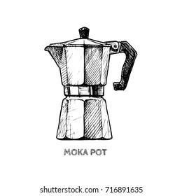 Vector hand drawn illustration of moka pot in vintage engraved style. isolated on white.