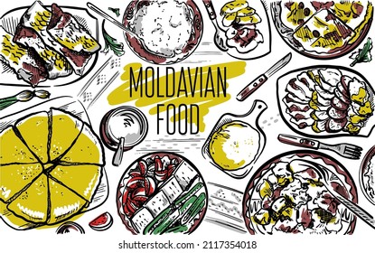 Vector hand drawn illustration of moldavian food. National kitchen of Moldova