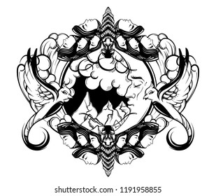 Vector hand drawn illustration of moon with clouds, birds and moth isolated . Creative tattoo artwork. Template for card, poster, banner, print for t-shirt, pin, badge, patch.