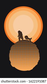 Vector hand drawn illustration of moon and astronauts isolated on black background