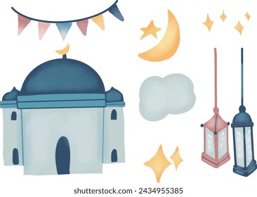 Vektor handgezeichnete Illustration von Moschee und Laterne	
