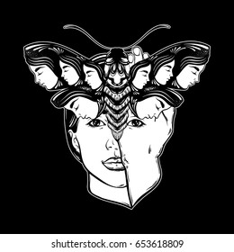 Vector hand drawn illustration of moth with female faces on the wings and face of pretty young girl.  Tattoo art. Template for card, poster banner print for t-shirt.