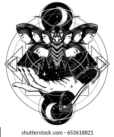 Vector hand drawn illustration of moth with female faces on the wings. Fantasy, occultism, tattoo art. Template for card, poster banner print for t-shirt.