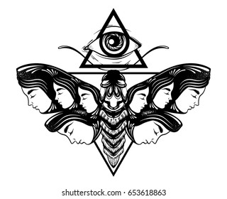 Vector hand drawn illustration of moth with female faces on the wings. All seeing eye pyramid symbol.  Tattoo art. Template for card, poster banner print for t-shirt.