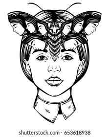 Vector hand drawn illustration of moth with female faces on the wings and face of pretty young girl.  Tattoo art. Template for card, poster banner print for t-shirt.