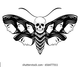 Vector hand drawn illustration of moth with female faces on the wings with flowers and human skull.  Tattoo art. Template for card, poster banner print for t-shirt.