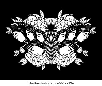 Vector hand drawn illustration of moth with female faces on the wings with flowers.  Tattoo art. Template for card, poster banner print for t-shirt.