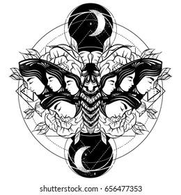 Vector hand drawn illustration of moth with female faces on the wings with flowers.  Tattoo art. Template for card, poster banner print for t-shirt.