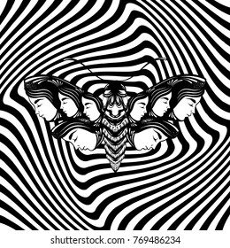 Vector hand drawn illustration of moth with female faces on the wings. Fantasy, occultism, tattoo art. Template for card, poster banner print for t-shirt.