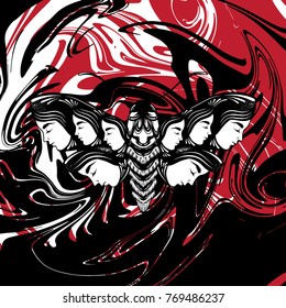 Vector hand drawn illustration of moth with female faces on the wings. Fantasy, occultism, tattoo art. Template for card, poster banner print for t-shirt.