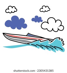 Vector hand drawn illustration. Motor boat on the water surface. Waves on the sea, waves from a boat. Painting with lines and contours. Lineart, lines, Partly colored, clouds, sea.