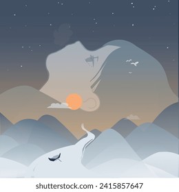 Vector hand drawn illustration of mountains with a girl lying down