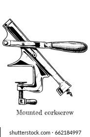 Vector hand drawn illustration of mounted corkscrew in vintage engraved style on white background.