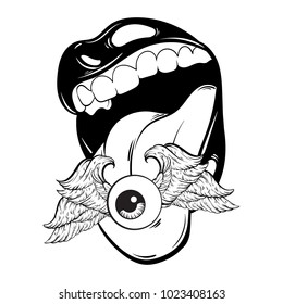 Vector hand drawn illustration of mouth with tongue and human eye with wings. Template for card, poster, banner, print for t-shirt, pin, label, patch. 