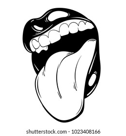 Vector hand drawn illustration of mouth with tongue. Template for card, poster, banner, print for t-shirt, pin, label, patch. 