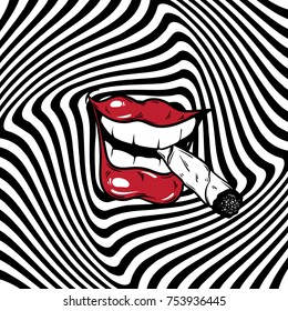 Vector hand drawn illustration of mouth biting a cigarette on the hypnotic background. Template for card, poster, banner, print for t-shirt.