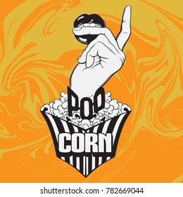 Vector hand drawn illustration of  mouth with pop corn box. Creative artwork. Template for card, poster,banner, print for t-shirt, textiles, label, pin, badge, logotype.