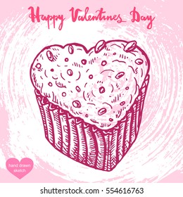 Vector hand drawn illustration of muffin,text Happy Valentines Day on background with abstract paper texture,retro frame. heart muffin gift  sketch.Linear art in vintage style for design.