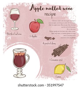 vector hand drawn illustration of mulled apple wine recipe with list of ingredients