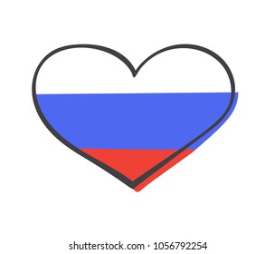 Vector hand drawn illustration with national flag of Russian Federation in doodle heart shape isolated on white background. Modern simple flat illustration.