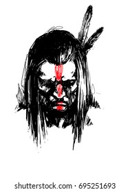 Vector hand drawn illustration of native american indian man. Graphic portrait of tribal warrior with painted face and feathers.