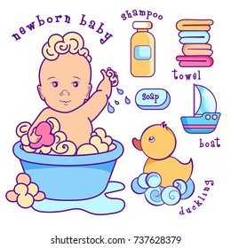 Vector hand drawn illustration of newborn baby in the bath with toy duckling, boat and wash supplies . Can be used as icon, symbol, care products template. Isolated  on wight background.