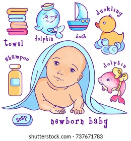 Vector hand drawn  illustration of newborn baby under the towel after the bath with toys and wash supplies . Can be used as icon, symbol, care products template. Isolated  on wight background.