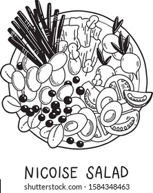 Vector hand drawn illustration of Nicoise salad. French cuisine, traditional dish. Flat and cartoon style, isolated on white background. For menu, restaurants, cafe, market, print design.