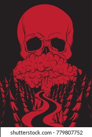 Vector hand drawn illustration with  nuclear explosion and road in forest. Template for card ,poster, banner, print for t-shirt, textiles.