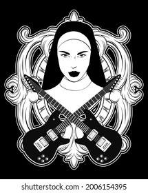 Vector hand drawn  illustration of nun with guitars and baroque frame.  Creative tattoo artwork. Template for card, poster, banner, print for t-shirt, pin, badge, patch.