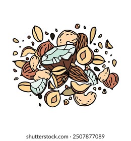 Vector hand drawn illustration nuts and seeds mix in the doodle style on a white background