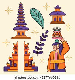 Objeto ilustrativo de dibujo manual de vectores hindú pura templo bali indonesia inyepe día hindú, mujer, hojas con conjunto de plantillas de paquete de activos de diseño plano