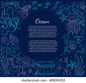 Vector Hand dibujó ilustraciones con elementos oceánicos: pulpo, pecho bajo, conchas. Marco y lugar náutico para texto.Diseño de marco de plantilla para banner, tarjeta, invitación. Fondo vectorial de la vida marina. 