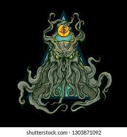 Vector hand drawn illustration of octopus or cthulhu sea monster, vector illustration isolated on dark background