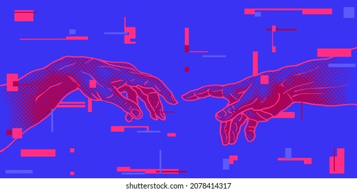 Vector hand drawn illustration from oh hands reaching for each other in colorful pink and blue vaporwave style halftone dot screen-printing.