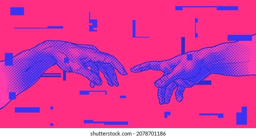 Vector hand drawn illustration from oh hands reaching for each other in colorful pink and blue vaporwave style halftone dot screen-printing.