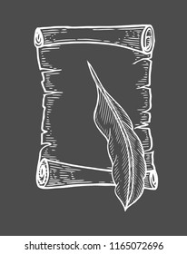 Vector hand drawn illustration of old scrolls in vintage engraved style. isolated on black background.