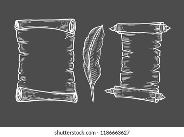 Vector hand drawn illustration of old scrolls in vintage engraved style. isolated on black background.