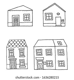 Vector hand drawn illustration with old houses on white background; portugal doodle street set. 