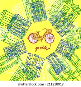 Vector hand drawn illustration with old houses and city bicycle