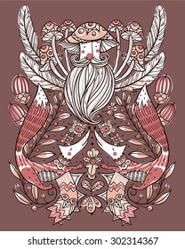 vector hand drawn illustration of an old mushroom, two cute foxes and forest plants